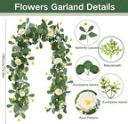 ASTRYAS 2 Pack 6.23Ft Artificial Eucalyptus Garland with Flowers, Fake Rose Garland Greenery Garlands Floral Vines for Wedding Spring Home Party Craft Art Table Runner Decor(White)
