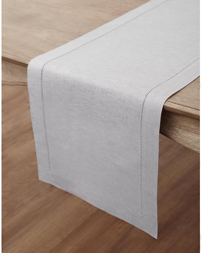 Solino Home Linen Soft Grey Table Runner 120 Inches Long - 100% Pure Linen Hemstitch 14 x 120 Inch Table Runner for Dining, Fall, Autumn, Thanksgiving, Christmas - Classic Hemstitch
