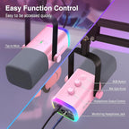 FIFINE XLR Gaming Microphone USB, PC Dynamic Microphone Kit for Vocal, Recording, Podcast, Streaming RGB Mic with Headphone Jack, Mute Button, Boom Arm Stand for Computer/Mixer-AmpliGame AM8T Pink