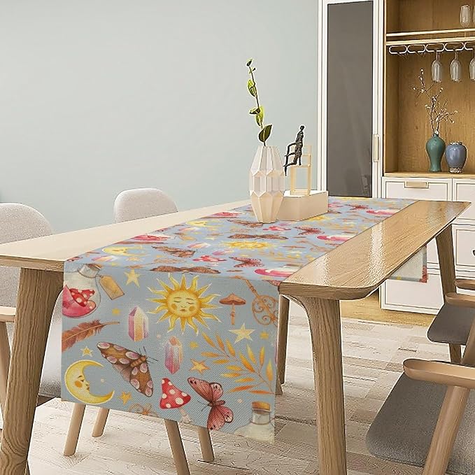 Boho Sun Moon Table Runner Mystical Rustic Butterfly Mushroom Star Table Runner for Kitchen Living Room Dinner Holiday 13x90 Inch