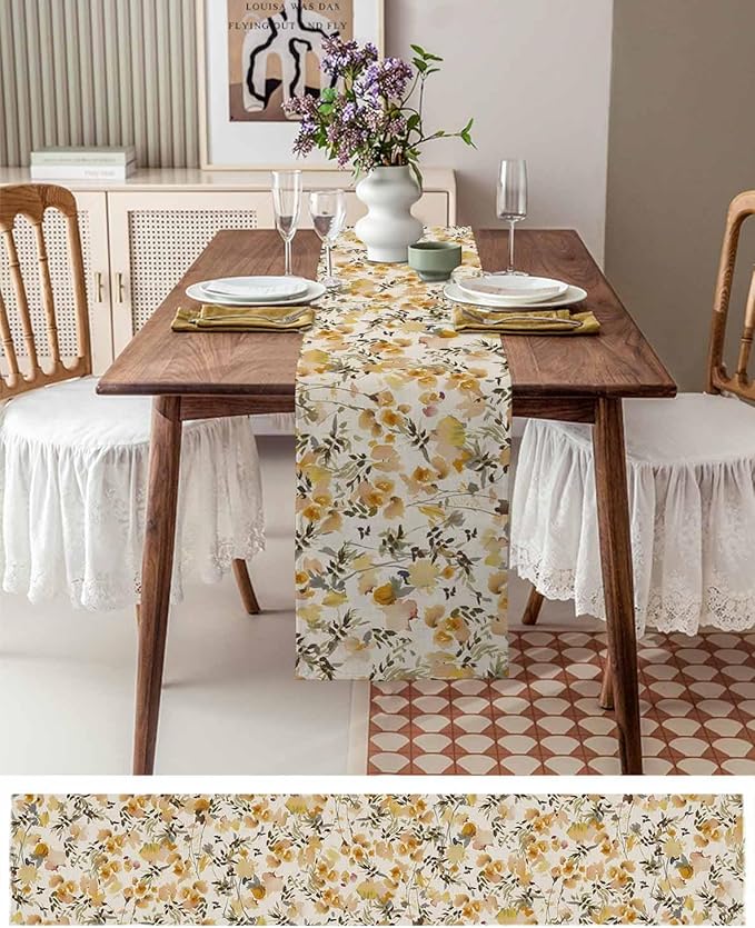 Vintage Orange Flower Cotton Linen Table Runner for Dining Kitchen, Wedding Outdoor Party Tablerunners Decoration, Farmhouse Botanical Floral Retro Dresser Scarf Coffee Tablecloth Runners 13x90 Inches