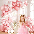 Pink Bow Balloons Garland Arch Kit,180Pcs Pink and White Balloons with Clear Balloon Wrap Bows for Wedding Bachelorette Baby Shower Coquette Birthday Party Decorations