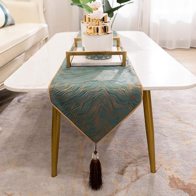 Avigers 12 x 108 Inch Decorative Luxury Abstract Striped Green Teal Table Runners with Tassels for Home Living Room Bedroom Art Decor Wedding