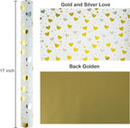 Burymento Gold Foil Heart Wrapping Paper, Reversible Gold Gift Wrap for Birthday, Valentines, Mothers day, Graduation, Wedding, Fathers day, Baby Shower, Christmas (17in x 32.8ft)