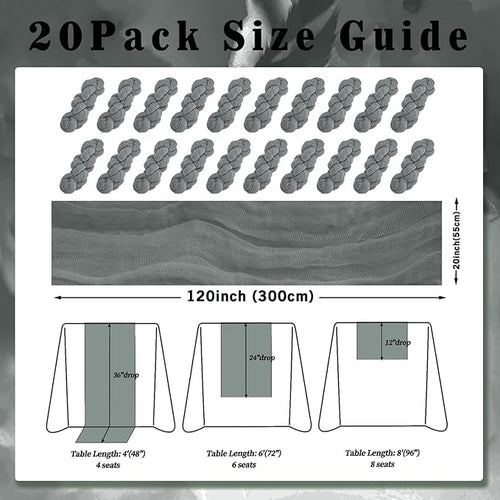 20 Pack Gray 10FT Cheesecloth Table Runner Rustic Gauze Fabric Cheese Cloth Table Runner for Wedding Bridal Baby Shower Table Decor 20 x 120 Inch Long Boho Sheer Birthday Party Table Decorations