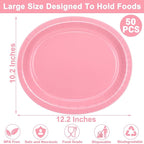 QZYL 50 Pcs Party Decorations, 12.2'' X 10.2'' Oval Large Paper Plates, Pink Disposable Paper Plates, Heavy Duty Paper Plates for Children's Birthday Party Wedding Picnic Baby Shower Barbecue Holiday