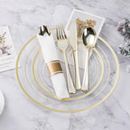BESTVIP 350PCS Clear Gold Plastic Dinnerware Set for 50 Guests, Disposable Party Plate for Christmas and New Year,Halloween, Include: 100 Plastic Plates, 50 Pre Rolled Napkins with Silverware, 50 Cups