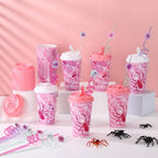 Yungyan 16 Sets Pink Spider Party Favors Goodie Cups with Lids and Straws for Halloween Party Decorations Reusable 16oz Plastic Candy Cups Plastic Straws for Birthday Gift (Pink Spider)