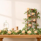 Dolicer 2Pcs 13Ft Artificial Eucalyptus Garlands with Flowers - 8 Roses, Faux Floral Greenery Garlands Fake Flowers Vines for Wedding Table Centerpieces Arch Party Ceremony Backdrop Decor (Champagne)