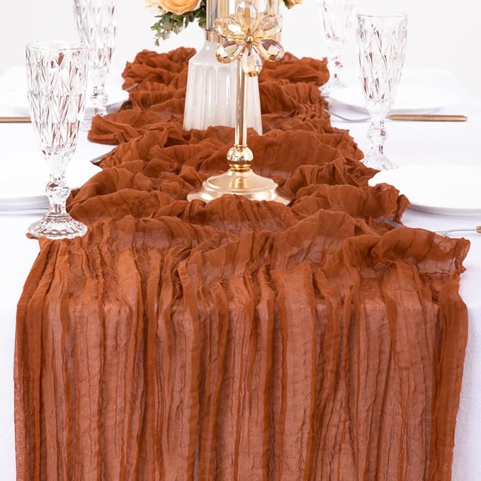 MLMW 3 Pack Fall Thanksgiving Table Runner Cheesecloth Autumn Harvest Rust Terracotta Cheese Cloth Boho Gauze 160 inch Table Runner 13.3ft for Wedding Party Baby Bridal Shower Birthday