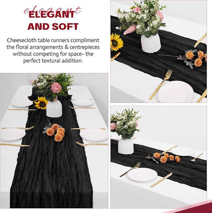 Aktor 4 Pack Black Table Runner Boho Cheesecloth Table Runner Semi Sheer Gauze Fabric Runners for Wedding Birthday Baby Shower Party Boho Table Decoration（Black）