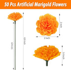 50 Pcs Artificial Marigold Flowers,2" Silk Marigold Flower Heads with Stems,Orange Flowers Artificial for Diwali Decor,Indian Wedding,Home,DIY Wreath Garland,Day of The Dead Decorations