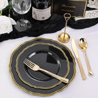Hioasis 60pcs Black Plastic Plates - Black and Gold Disposable Dinnerware with Gold Rim, Heavy-duty, 7.5 inch, Dessert Plates for Party & Halloween