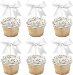 24 PCS Bow Cupcake Toppers Bow Cupcake Picks Bowknot Birthday Party Decorations Bowknot Cake Dessert Picks for Baby Shower Birthday Wedding Bridal Engagement Party Cake Decorations Supplies Silver