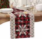 Buffalo Plaid Christmas Cotton Linen Table Runner for Dining Kitchen, Snowflake Red Black Check Wedding Outdoor Party Tablerunner Decoration, Retro Dresser Scarf Coffee Tablecloth Runners 13x48 Inches