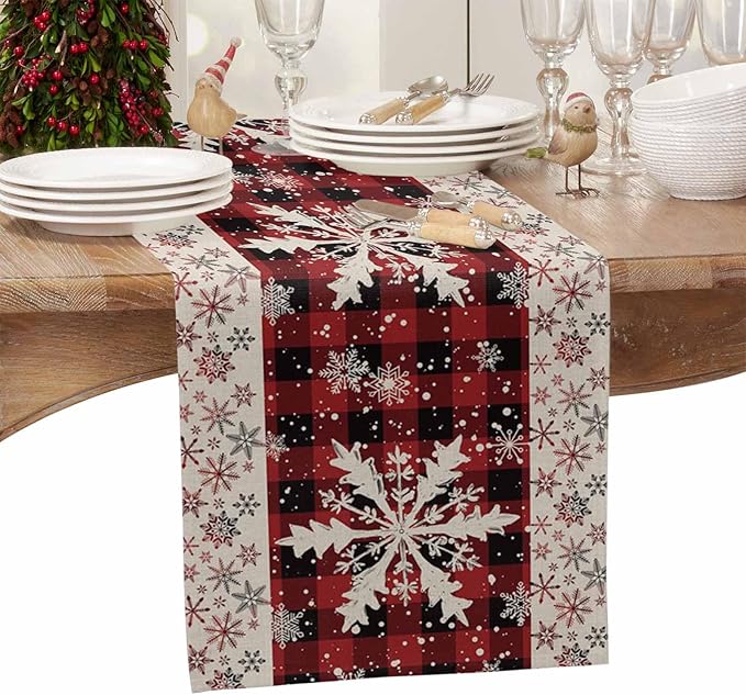 Buffalo Plaid Christmas Cotton Linen Table Runner for Dining Kitchen, Snowflake Red Black Check Wedding Outdoor Party Tablerunner Decoration, Retro Dresser Scarf Coffee Tablecloth Runners 13x90 Inches