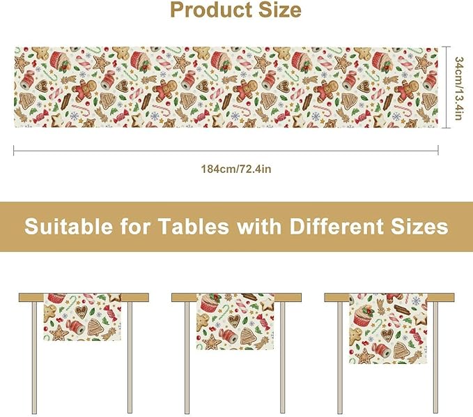 Christmas Table Runner, Christmas Gingerbread New Year Xmas Table Cloth Kitchen Dining Table Decoration for Home Party Decor 13x90 Inch