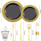 NOCCUR 210pcs Black and Gold Dinnerware Set - Black Disposable Plates and Napkins Party Supplies Include 60 Dinner/Dessert Plates, 30 Prerolled Plastic Cutlery&30 Cups for Party, Birthday, Halloween