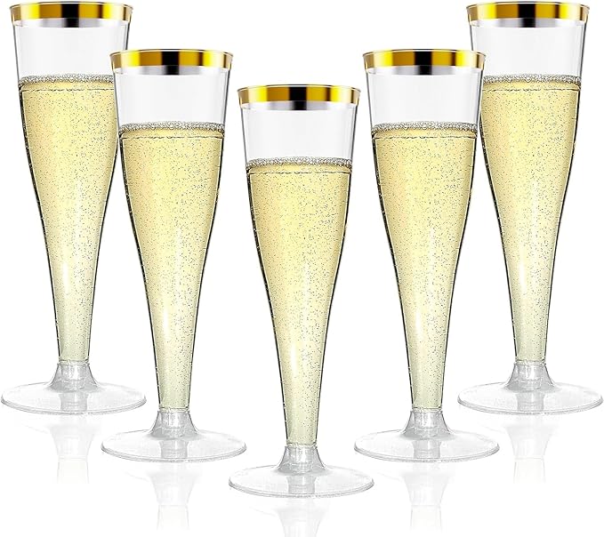 200 Pack Champagne Flutes Plastic Wine Glasses Disposable, 4.5 Oz Gold Rim Mimosa Glasses for 2025 Engagement Wedding Birthday New Years Eve Xmas Party Supplies, Bulk Toasting Cocktail Cups