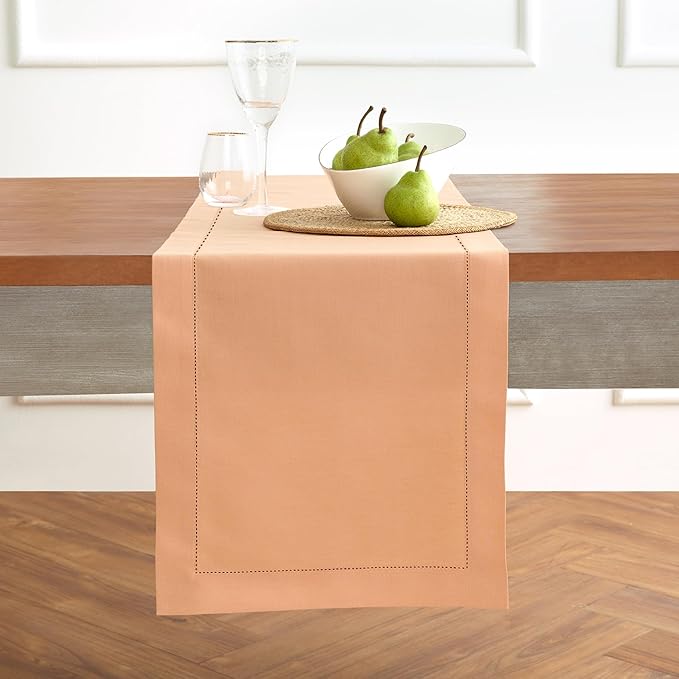 Solino Home Cotton Linen Table Runner 90 Inches Long - Hemstitch Peach Bloom Dining Table Runner 14 x 90 Inch
