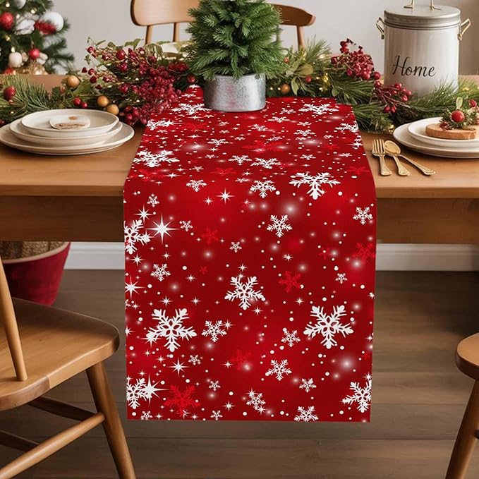 Christmas Snowflakes Cotton Linen Table Runner for Dining Kitchen, Red Xmas Winter Snow Wedding Outdoor Party Tablerunners Decoration, New Year Dresser Scarf Coffee Tablecloth Runners 13x120 Inches