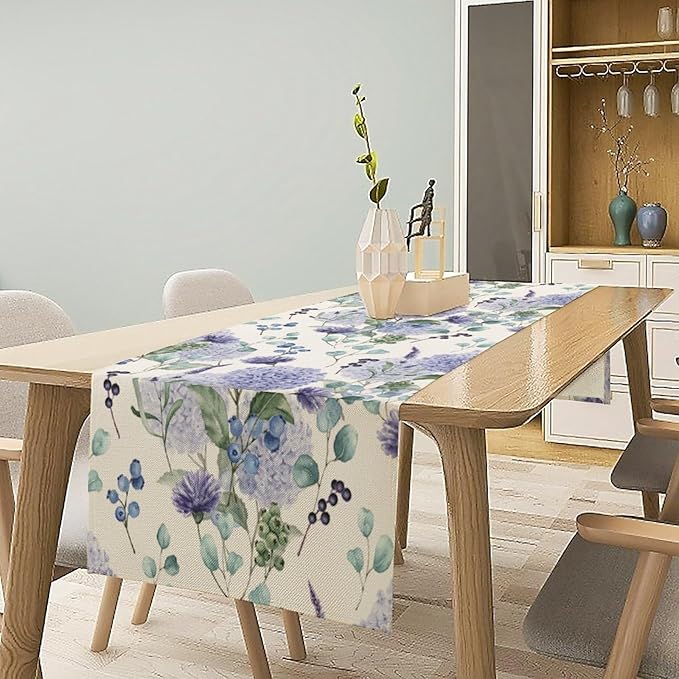 Spring Hydrangea Flower Table Runner, Seasonal Summer Plants Watercolor Eucalyptus Leaves Purple Florals Dinner Runner for Home Kitchen Dining Table Party Holiday Decoration 13"x90"