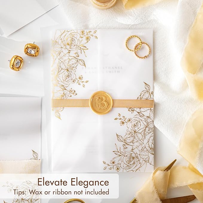 50 Pack Pre-Folded Vellum Jackets for 5x7 Invitations,AZAZA Gorgeous Translucent Invitation Sleeves,115GSM Vellum Jackets 5x7, Wedding Invitation Accessories,for Weddings Birthdays,Golden Roses