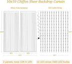 10x10ft White Sheer Backdrop Curtain with Lights String for Wedding, Fairy Light Up Curtain Backdrops for Baby Shower, Chiffon Photo Backdrop Drapes for Birthday Party Photo Shoot (5 x 10ft,2 Panels)