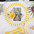 COLOSUS 150pcs Disposable White Lemon Yellow Striped Plastic Party Plates and Silverware set, Yellow Dinner/Dessert Plates silverware 30guests for Easter Birthday Weeding Party and Daily use.