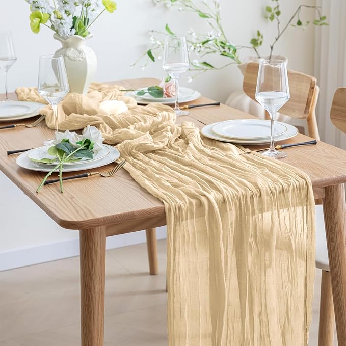 Asee'm 6pcs Cheesecloth Table Runner 120 Inches Long Sand Boho Gauze Cheese Cloth Runner 10FT Rustic Sheer Table Runners for Christmas Wedding Party Baby Shower Spring Easter Decoration