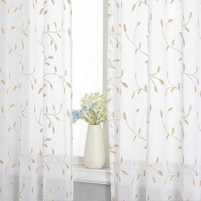 VISIONTEX White Sheer Voile Curtains, Decorative Orange Leaves Embroidery Faux Linen Rod Pocket Window Drapes for Home Kitchen, Living Room and Bedroom 54 x 63 Inch, Set of 2 Curtain Panels