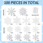 Winter Snowflake Cutouts Glitter Paper Snowflake Decorations - 100Pcs White and Silver Snow Flake Double-Side Christmas Cutouts for Holiday Winter Wonderland Bulletin Board, Frozen Party Decor