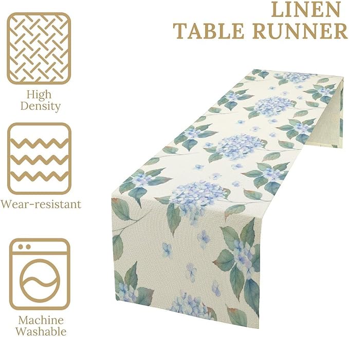 Spring Hydrangea Flower Table Runner, Seasonal Summer Plants Watercolor Blue Florals Dinner Runner for Home Kitchen Dining Table Party Holiday Decoration 13"x120"