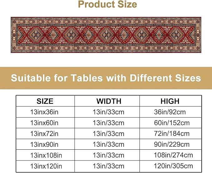Boho Floral Vintage Table Runner, Red Grey Retro Flower Rustic Country Farmhouse Abstract Pattern for Home Kitchen Table Decor Dining Coffee Room Party Decor 13x120in