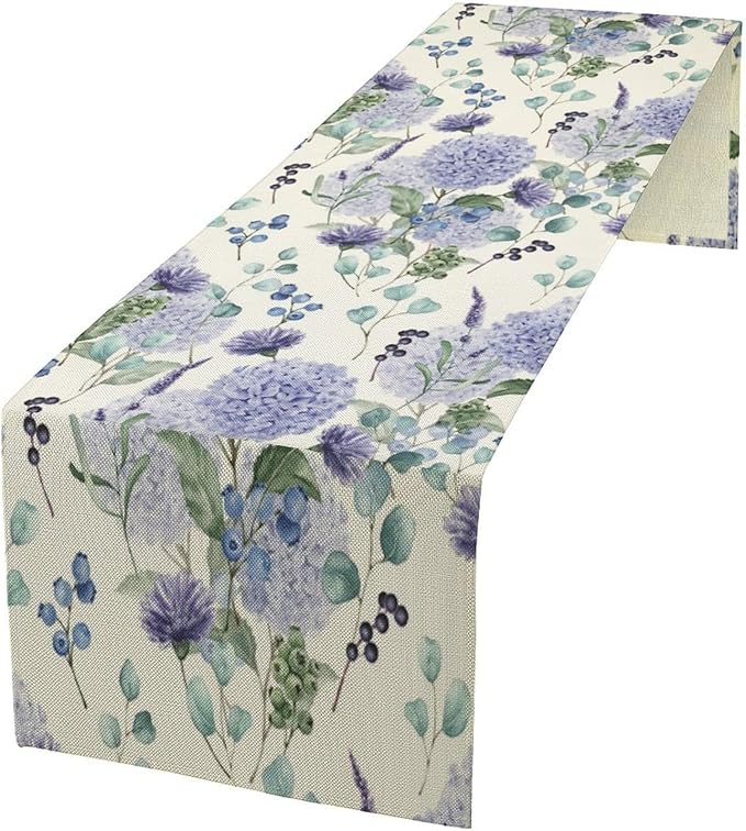 Spring Hydrangea Flower Table Runner, Seasonal Summer Plants Watercolor Eucalyptus Leaves Purple Florals Dinner Runner for Home Kitchen Dining Table Party Holiday Decoration 13"x60"