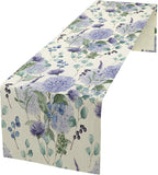 Spring Hydrangea Flower Table Runner, Seasonal Summer Plants Watercolor Eucalyptus Leaves Purple Florals Dinner Runner for Home Kitchen Dining Table Party Holiday Decoration 13"x60"