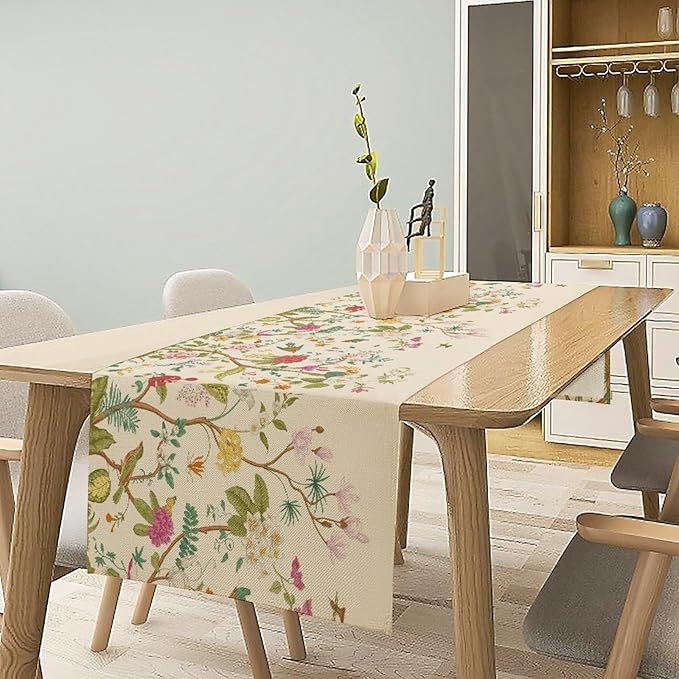 Floral Table Runner, Vintage Birds Wildflowers Herbs Nature Theme Linen Long Table Kitchen Dining Table Holiday Party Decorative Table Runner,13in（33cm） W * 90in（229cm） L
