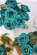 N&T NIETING Artificial Flowers Foam Roses 25 pcs Peacock Green Fake Roses w/Stem for DIY Home Decor Indoor Outdoor Centerpieces Arrangements Bouquets