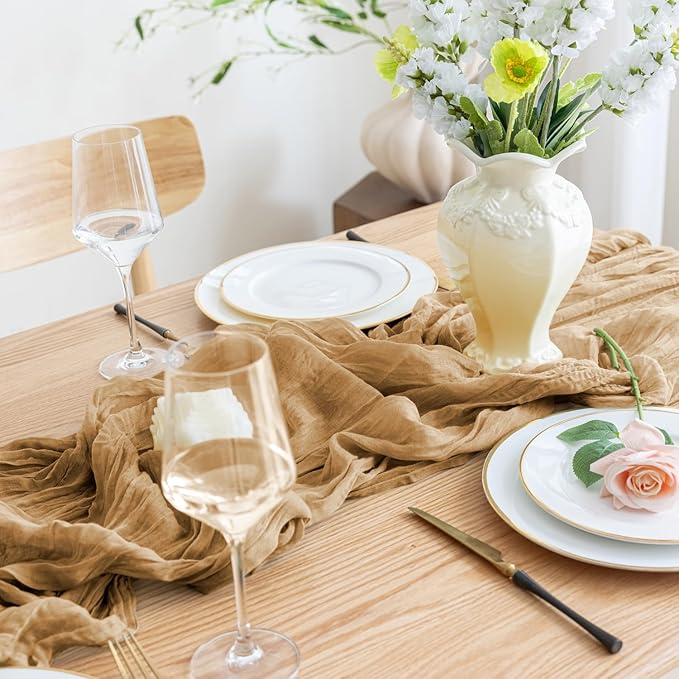 Asee'm Cheesecloth Table Runner 120 Inches Long Khaki Boho Gauze Cheese Cloth Runner 10FT Rustic Sheer Fall Table Runners for Thanksgiving Christmas Wedding Party Baby Shower Decoration