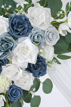 Dusty Blue Artificial Wedding Arch Flowers Kit (Pack of 3) with 26Ft White Shiny Arch Draping Fabric for DIY Wedding Party Ceremony Reception Backdrop Floral Decoration
