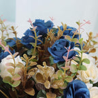 Lifelike Artificial Rose Bouquets and Ceramic vases, Fake Silk Roses, Suitable for Wedding, Dining Table, Office, Party and Home Decoration（Blue）
