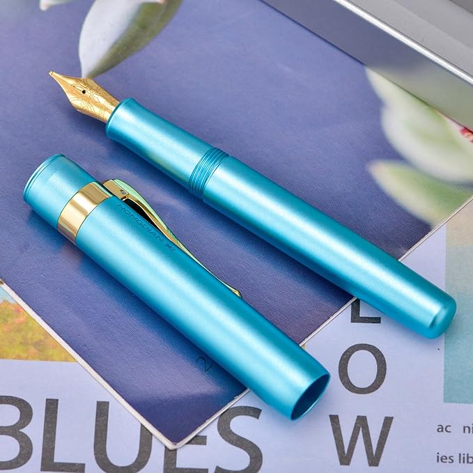HONG DIAN M2 Black Forest Mini Fountain Pen, Fine Soft Nib & Sleek Shape Aluminium Short Pocket Travel Pen (Lake Blue)