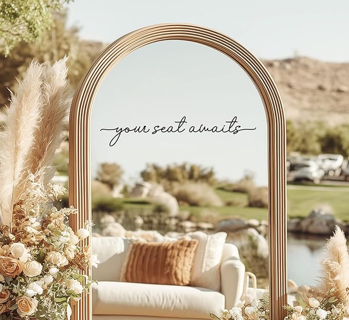 Your Seat Awaits Vinyl Decal, Wedding Seating Sticker, Mirror Decal for Seating, Please Find Your Seat Signs, Wedding Decor Sign (Black, Width 20")