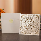 Hosmsua 50PCS Ivory Laser Cut Wedding Invitation Cards with Envelopes 6.3 x 6.3 Inch Hollow Rose Invitations for Wedding Bridal Shower Invite (Ivory, Blank)