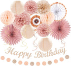Blush-Pink Rose-Gold Fall Birthday Party-Decorations - 21pcs Boho Happy Banner Sign,Women Paper Lanterns Honeycomb,One Sweet Peach Streamers Garland,Girl Tissue Pom Poms Flowers Fans Decor Burgleda