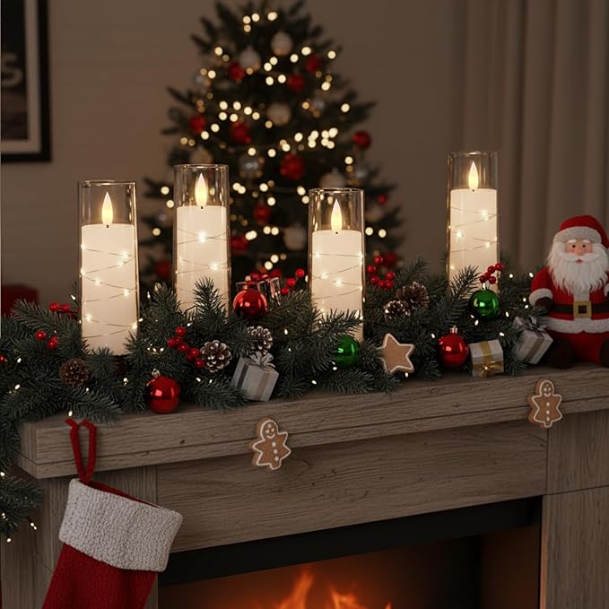 Raycare Flameless Candle with Remote Timer, 7 Flickering Acrylic Battery Operated LED Pillar Candles with Embedded Star String for Halloween, Home Decor, and as a Gift(White)