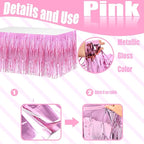 4 Pack 29x108 Inch Valentine's Day Metallic Foil Fringe Tinsel Table Skirts for Rectangle Tables Streamer Curtains Backdrop for Wedding, Birthday, Parade Floats Mardi Gras Party Decorations(Pink)