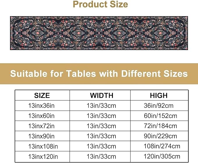 Morris Flower Table Runner, Vintage Blue Floral Rustic Country Style Floral Print Pattern for Home Kitchen Table Decor Dining Coffee Room Garden Party Decor 13x120in