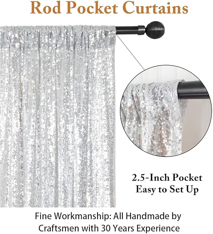 ShinyBeauty Silver Sequin Curtain 2Panels 5FTx10FT Glitter Wedding Backdrop for Photography - Shimmer Payette Fabric Background