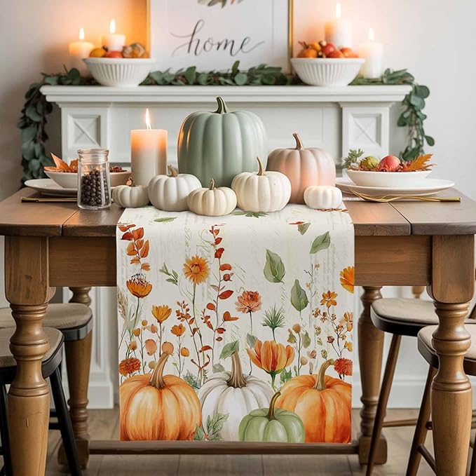 Fall Wildflowers Cotton Linen Table Runner for Dining Kitchen, Thanksgiving Pumpkin Outdoor Party Rustic Tablerunners Decoration, Botanical Floral Vintage Dresser Scarf Tablecloth Runners 13x90 Inches